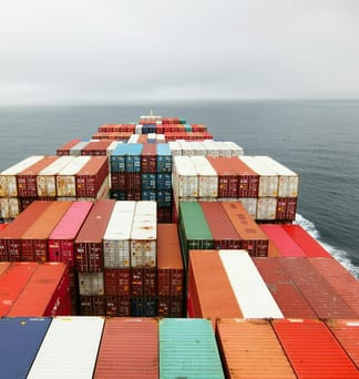 The bow of a container ship stacked high with colourful shipping containers.